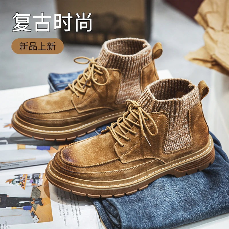英伦风马丁靴男 秋款中帮户外男式真皮靴子 袜口工装靴透气大黄靴
