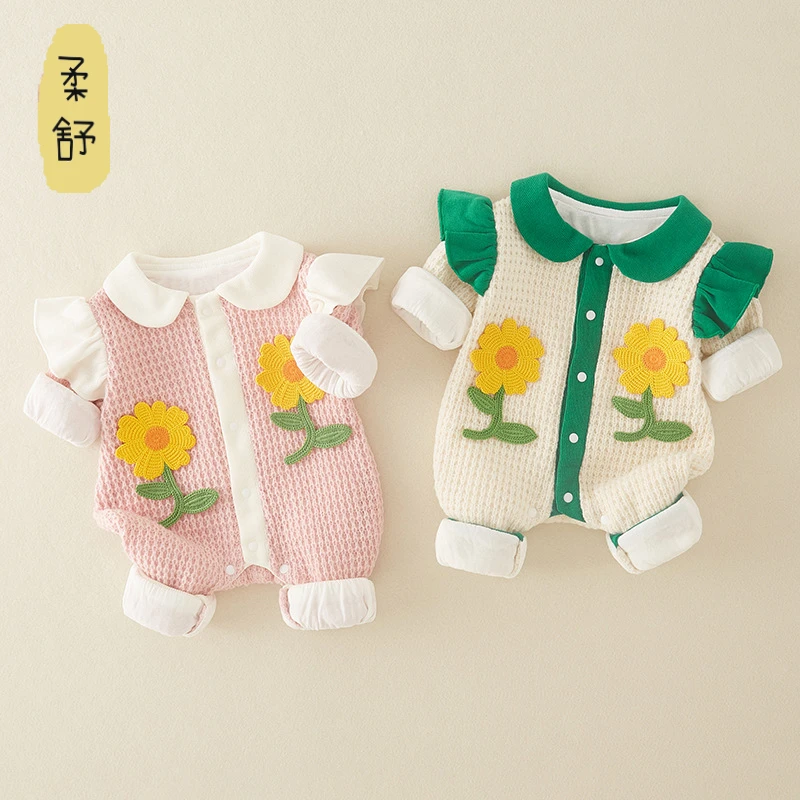 婴儿a类衣服向日葵男女宝宝休闲保暖爬爬服新生儿哈衣连体衣批发