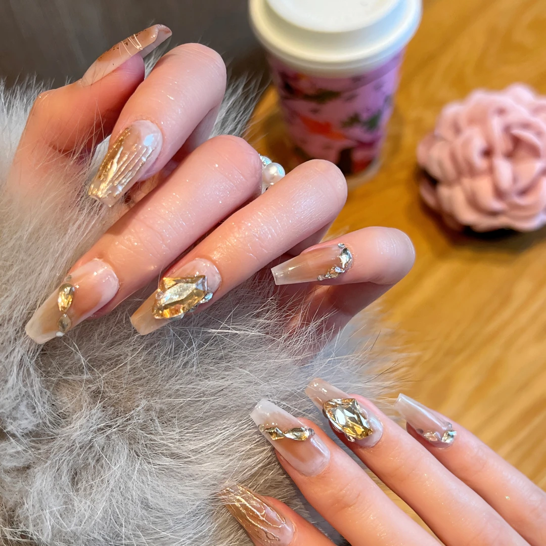 【APTF】一眼万年渐变显白简约爆闪指甲贴中长款美甲手工穿戴甲10片