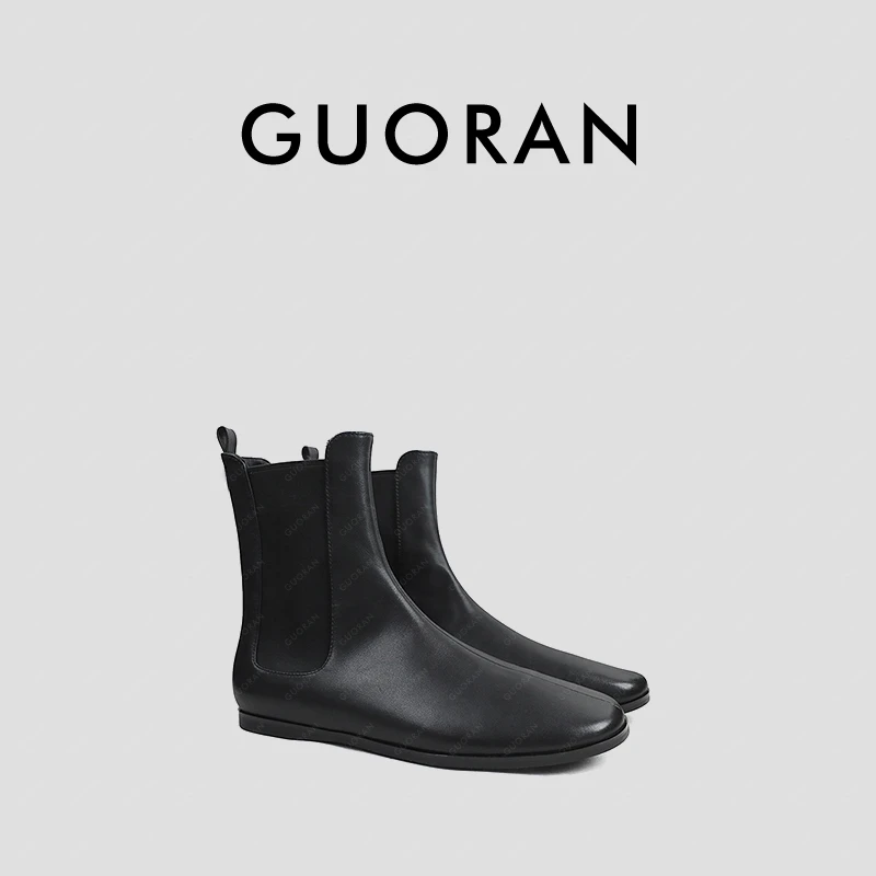 极简法风艺术沉淀触感牛皮切尔西平底百搭弹力瘦瘦靴