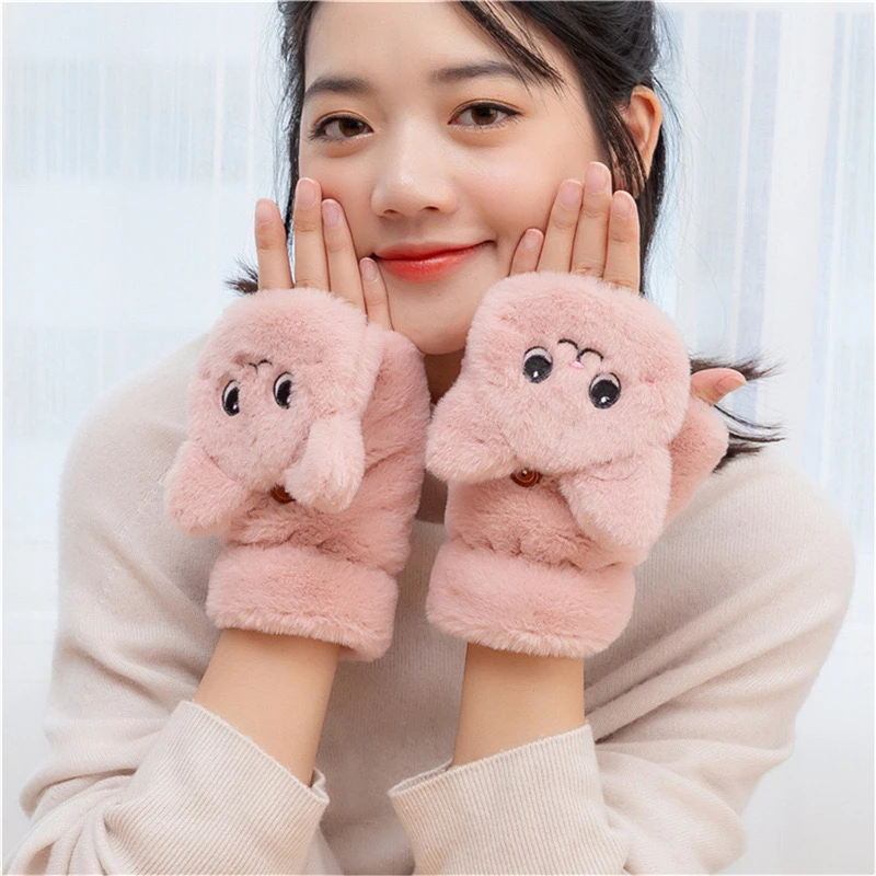 毛绒纯色可爱卡通猫咪手套双层加厚半截露指翻盖 可爱骑行手套