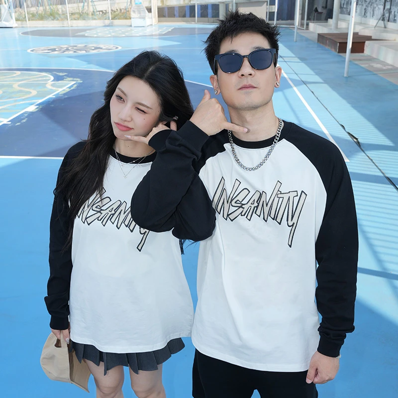 热极Insanitycrew秋日情侣款印花男女宽松上衣休闲百搭长袖T恤
