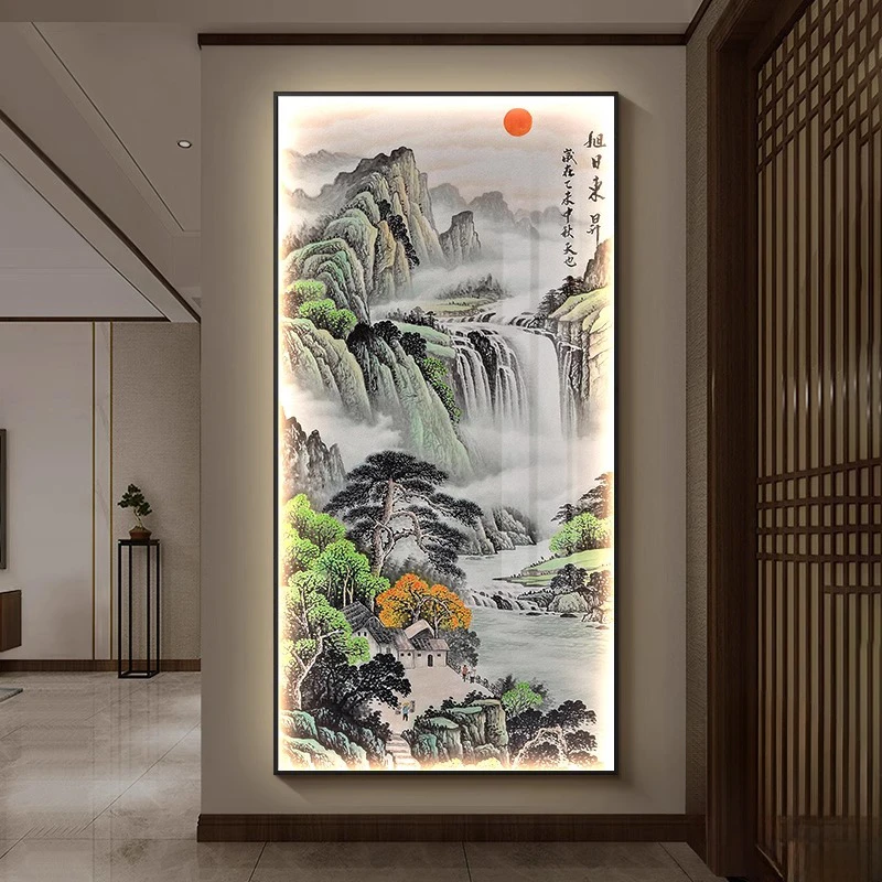 旭日东升玄关装饰画竖版迎客松走廊过道带灯发光挂画大气山水挂画