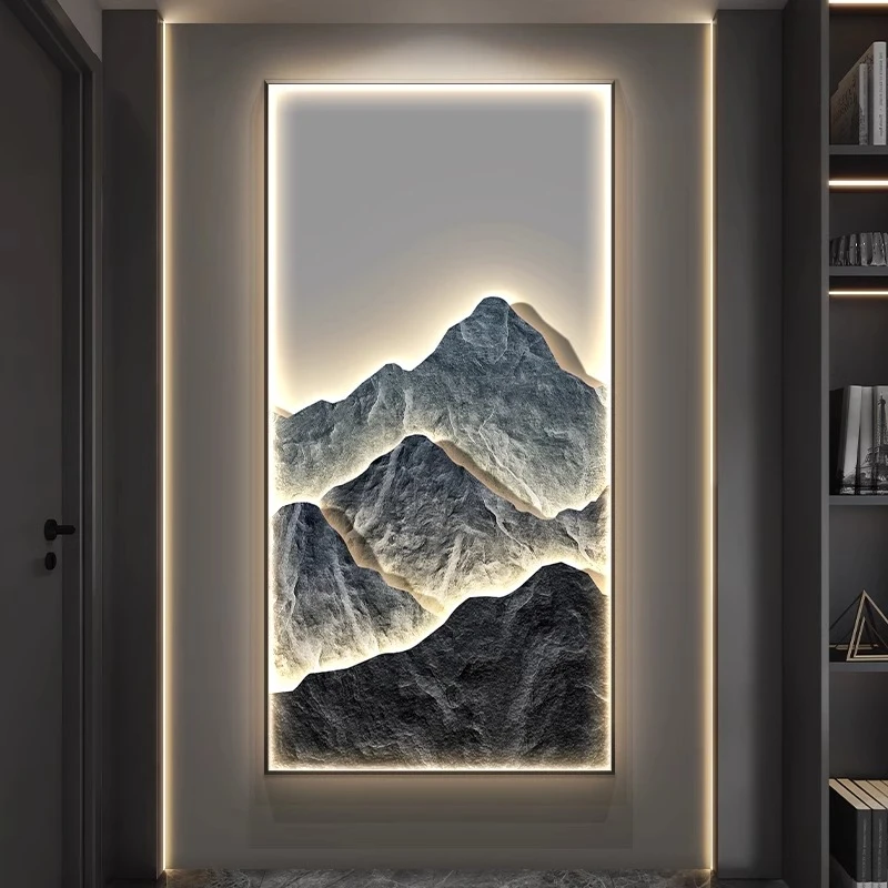 背有靠山玄关装饰画入户门走廊过道挂画竖版高档轻奢客厅壁画灯画