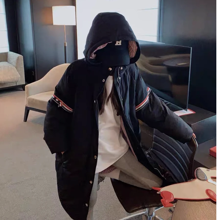 【达人】学院风织带撞色设计中长款情侣羽绒服连帽宽松加厚保暖冬季