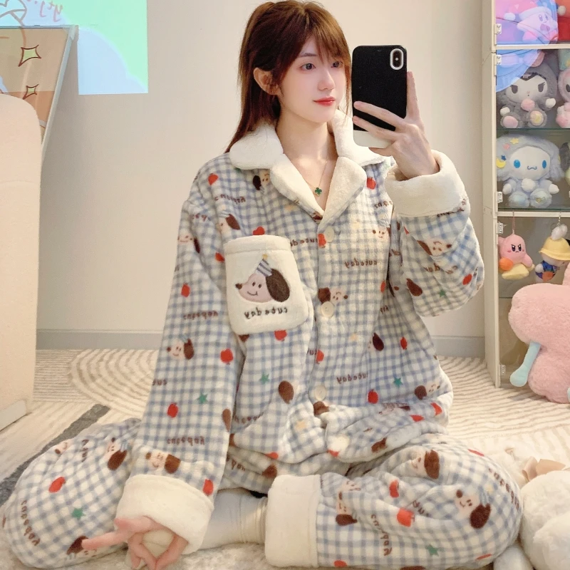 可爱小狗格子睡衣少女珊瑚绒秋冬季加绒加厚法兰绒学生家居服套装
