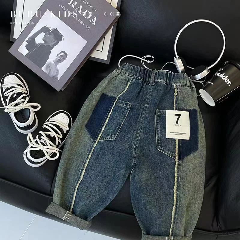 男童牛仔裤儿童春秋装休闲裤小童拼接复古款长裤宝宝韩版秋季裤子