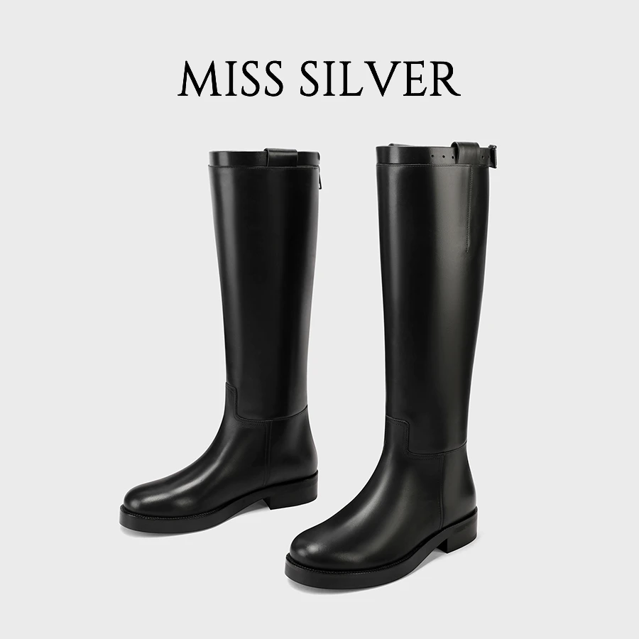 MISSSILVER黑色粗跟高筒骑士靴女2024年秋冬新款时装长筒靴