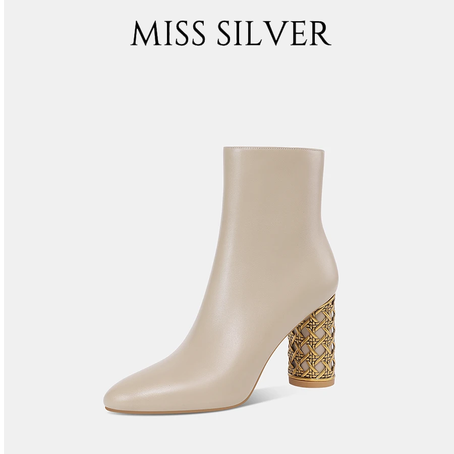 MISSSILVER气质高跟短靴2025冬季真皮圆头时尚洋气百搭女靴子