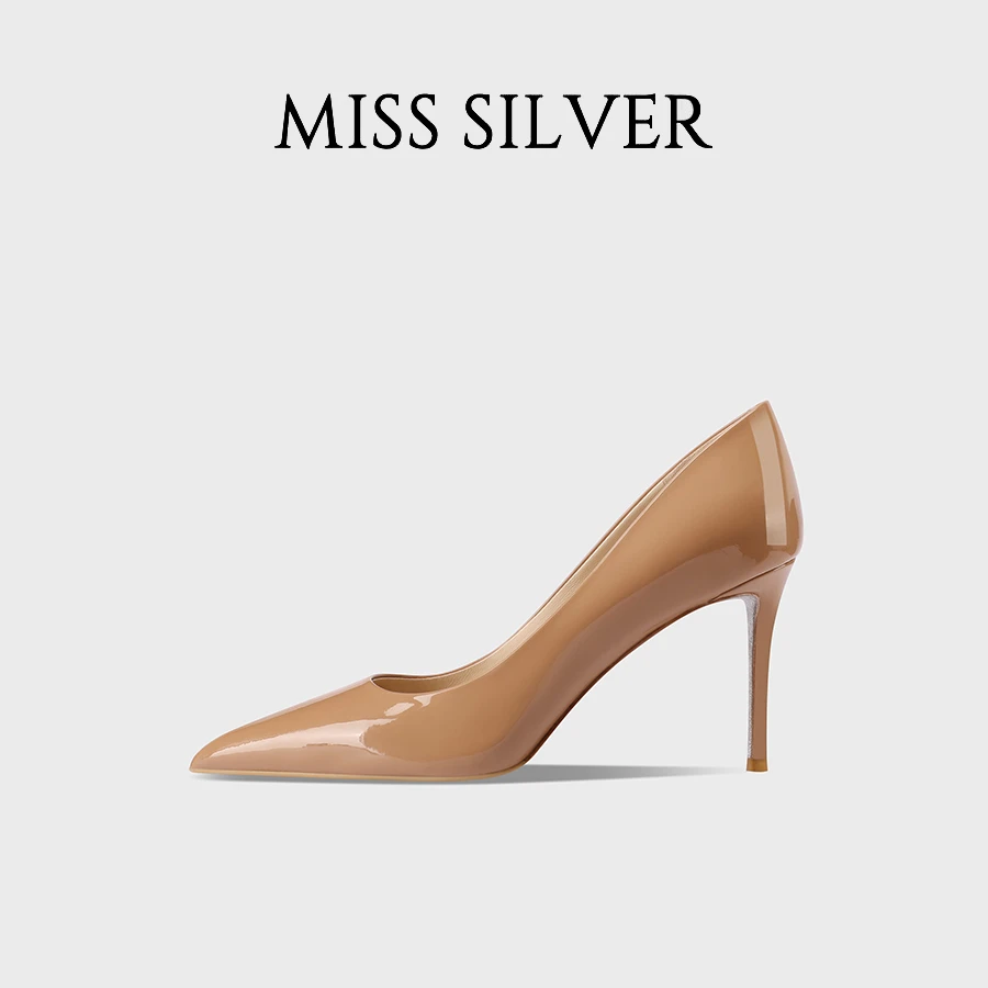 MISSSILVER尖头漆皮细跟高跟鞋女2024年新款浅口时尚百搭裸色单鞋