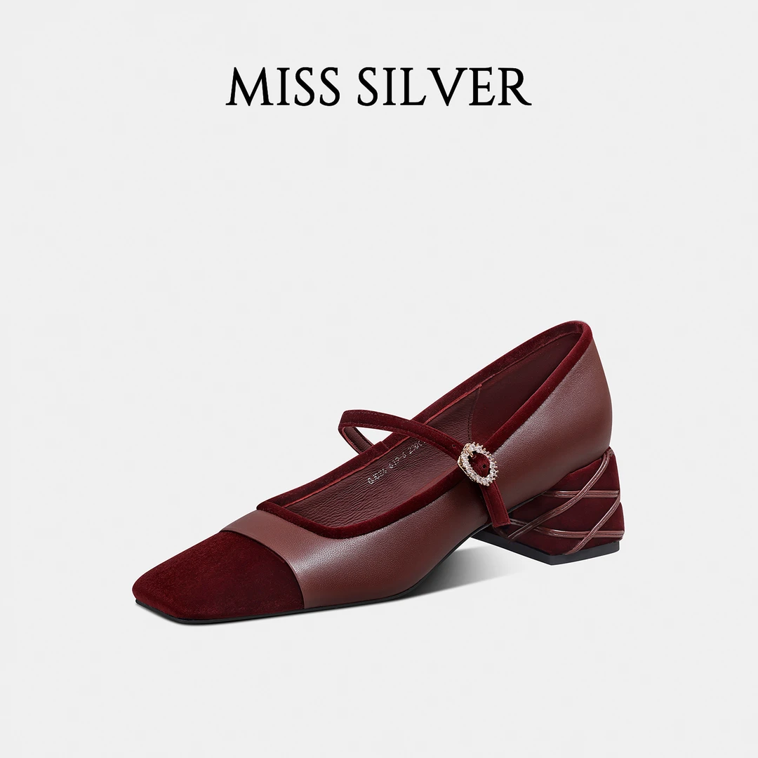 MISSSILVER酒红色玛丽珍鞋女2024新款真皮粗跟水钻方头高跟鞋单鞋