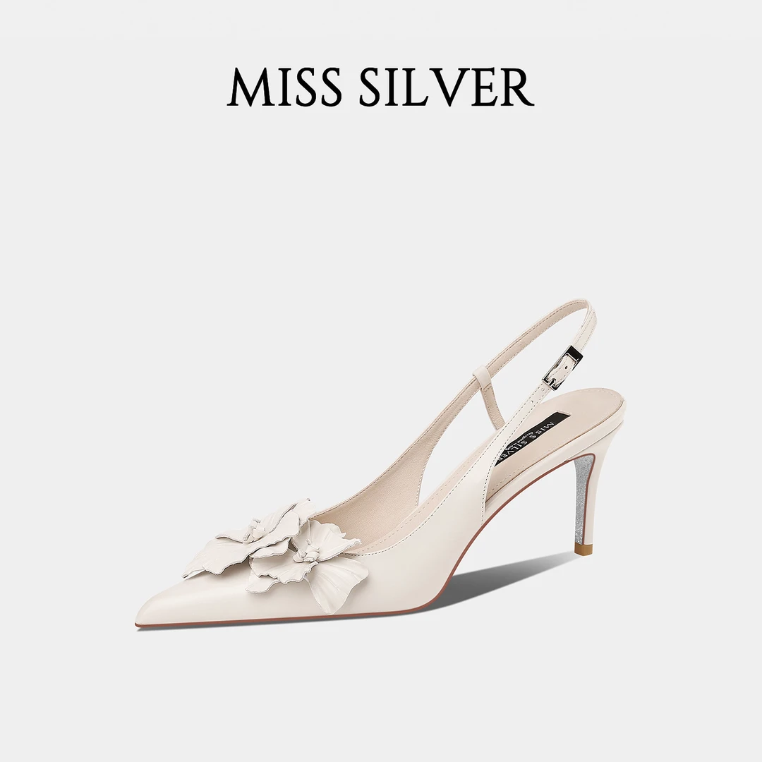 MISSSILVER米白色尖头高跟鞋女2025夏季真皮后空细跟花朵百搭凉鞋
