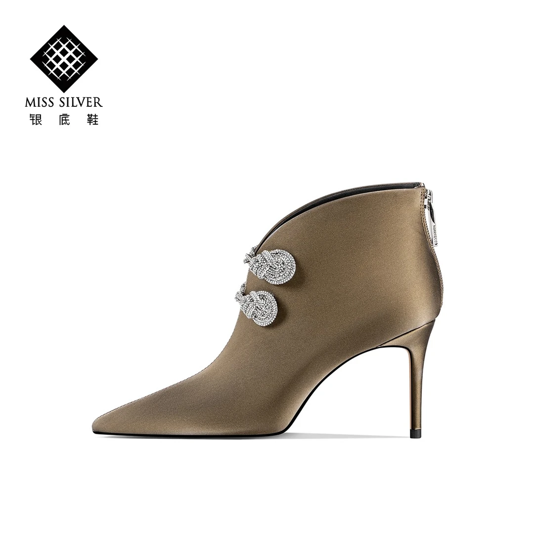 MISSSILVER短靴女鞋尖头细跟高跟鞋时尚黑色秋冬