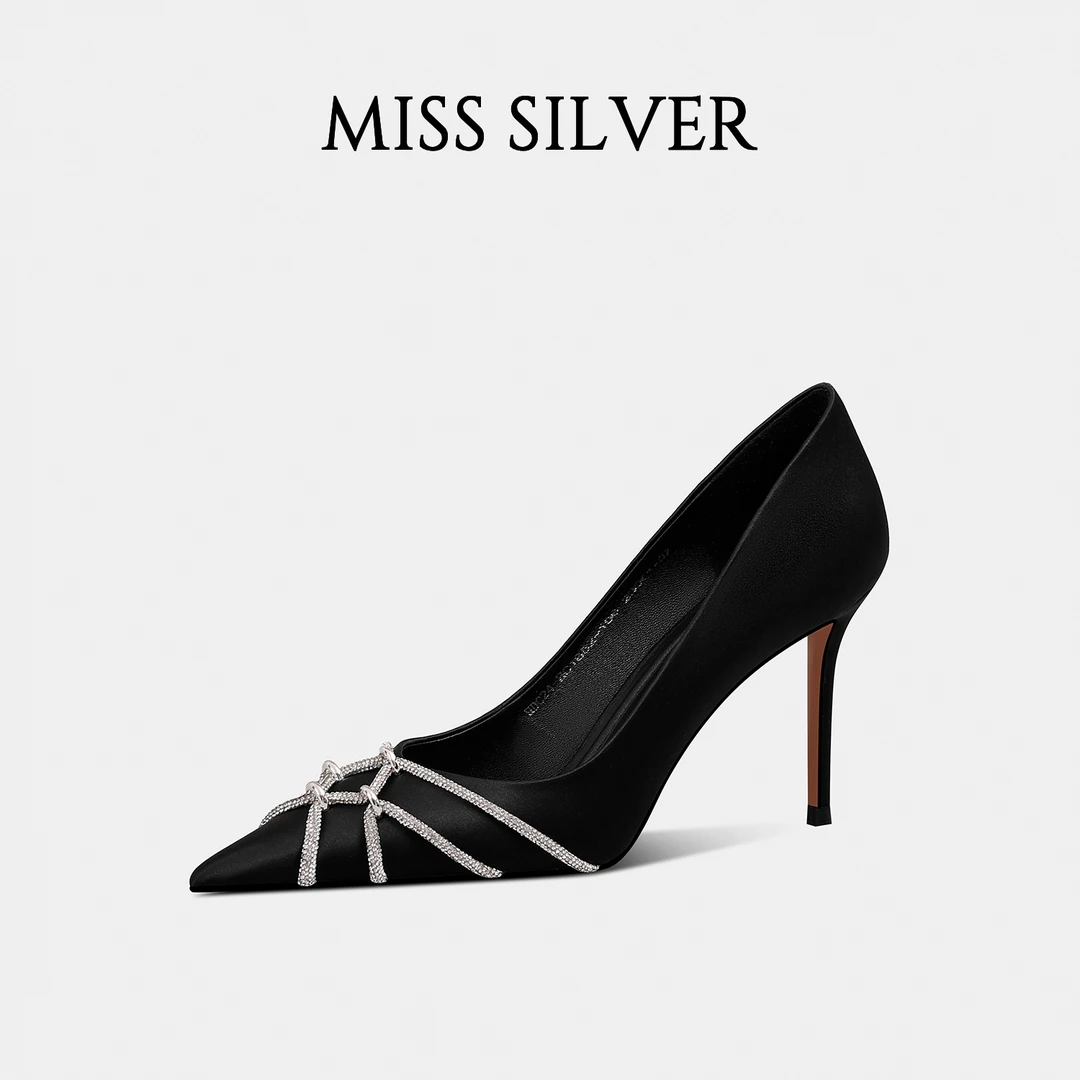 MISSSILVER高跟鞋女2024春季新款钻链尖头细跟气质单鞋