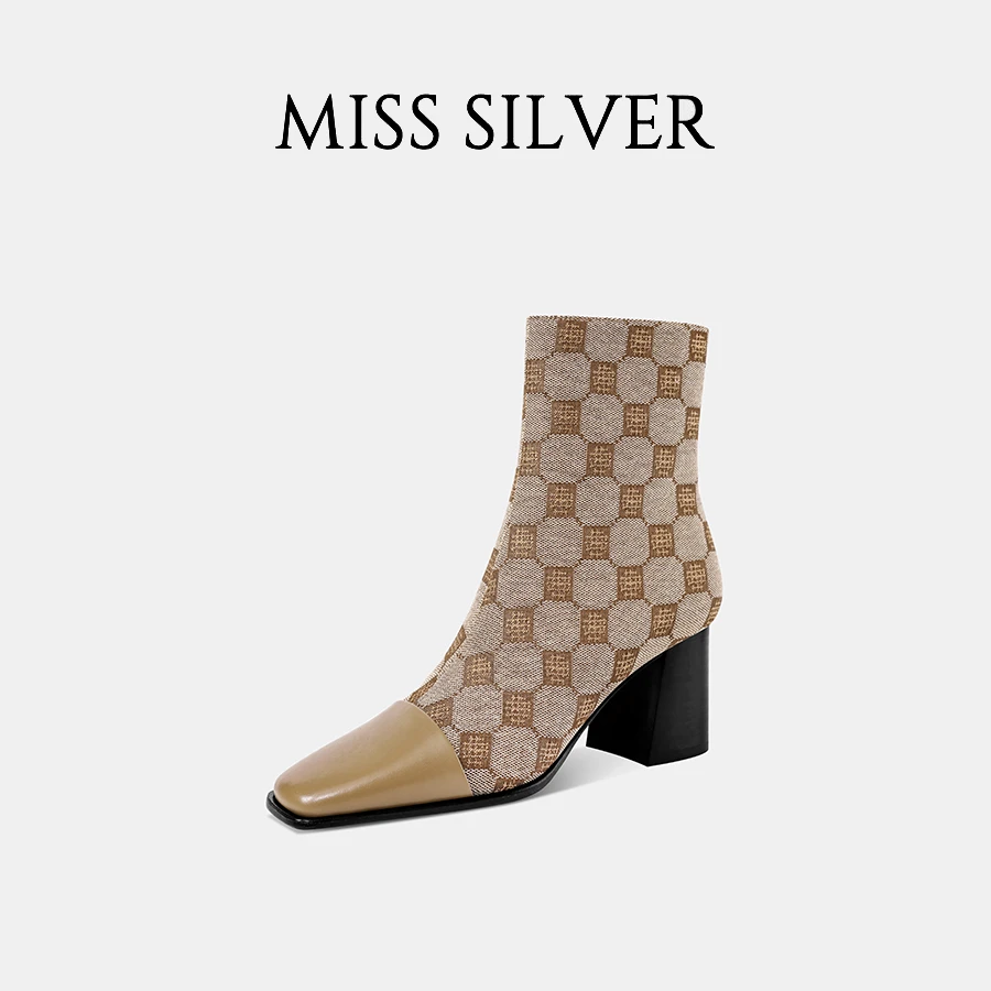 MISSSILVER方头短靴女2024年冬季新款提花粗跟靴子