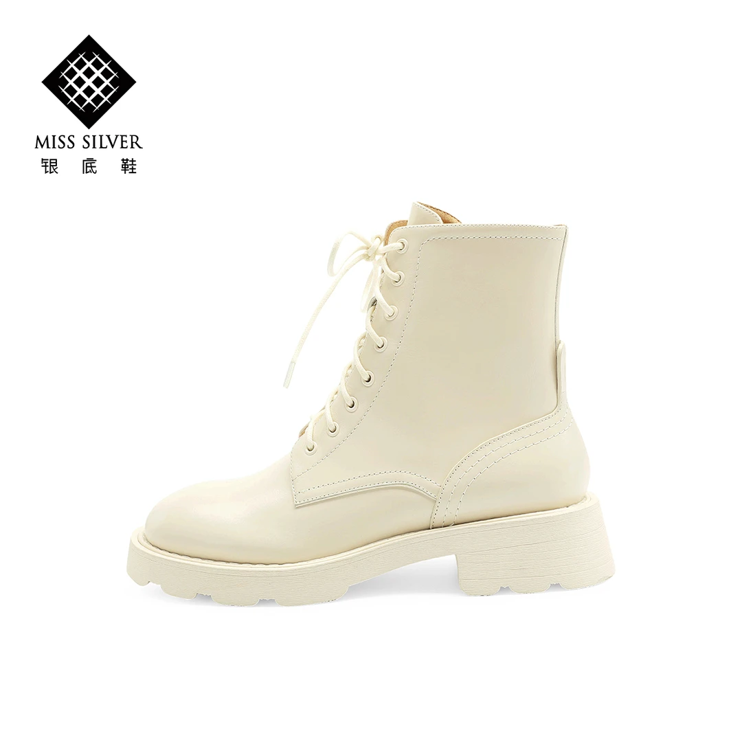 MISSSILVER米白色粗跟短靴女2021秋冬新款复古圆头厚底系带马丁靴