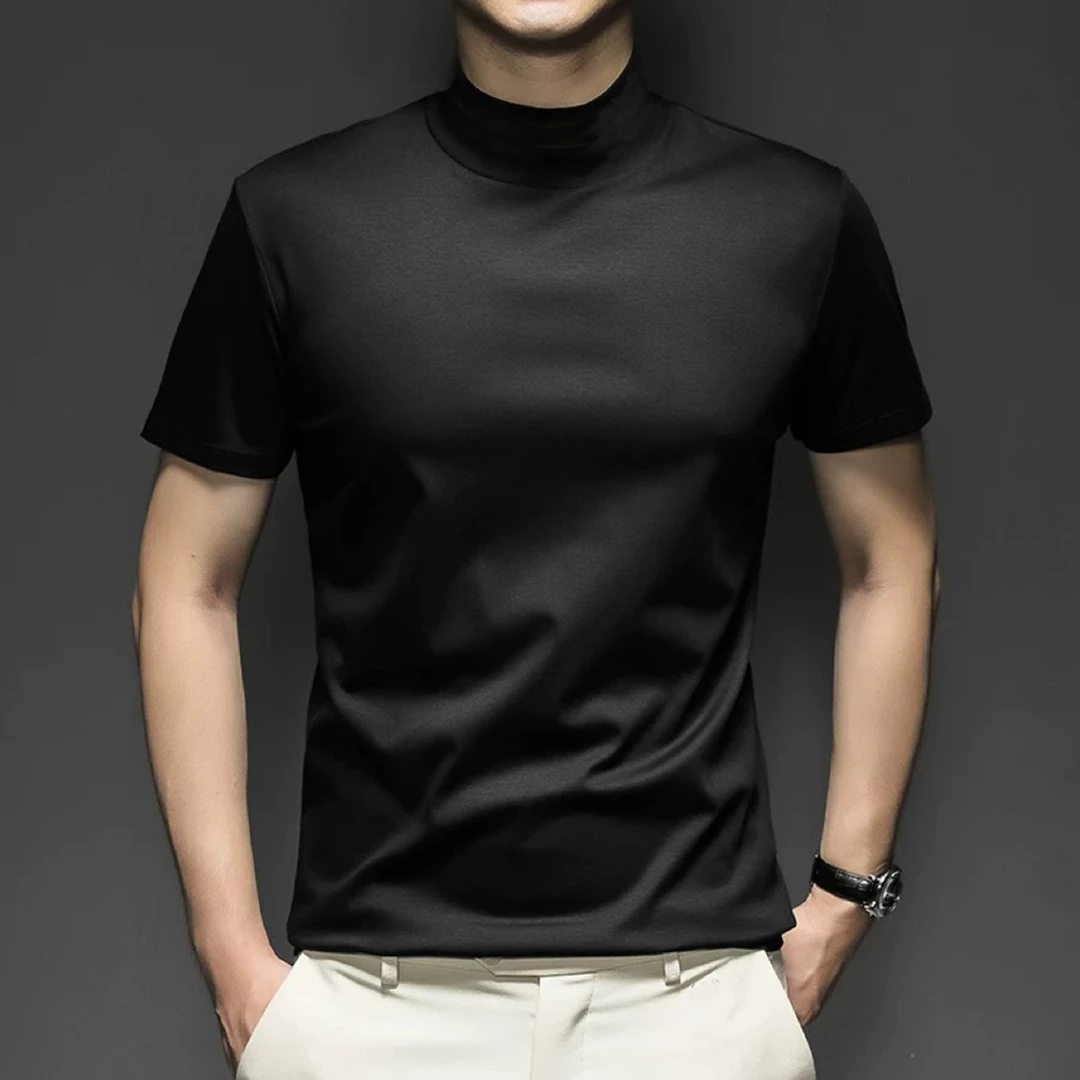 高档液氨丝光棉半高领短袖t恤男柔软丝滑修身纯色中领半袖打底衫