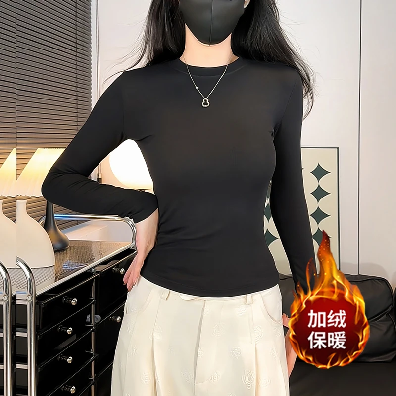 2025年秋冬新款黑色半高领打底衫女修身内搭加绒显瘦气质长袖T恤