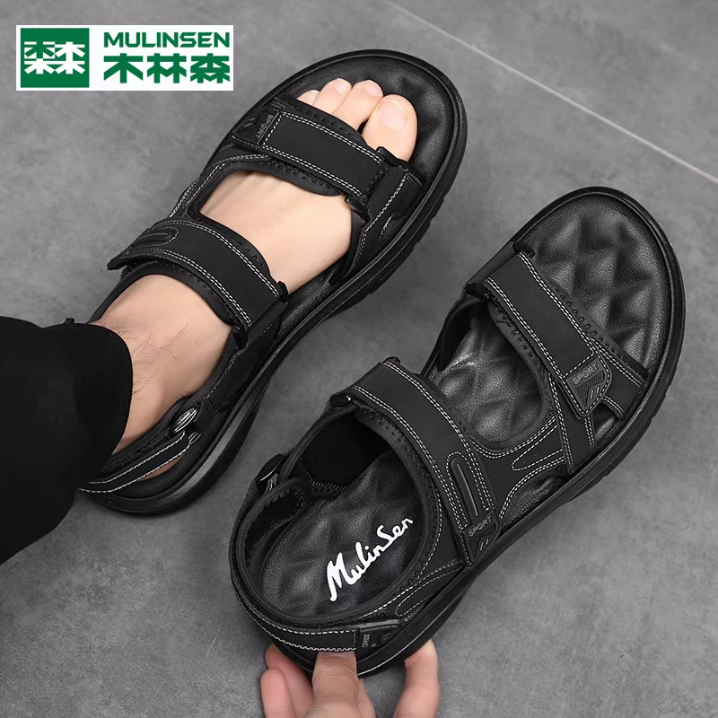 木林森凉鞋男潮2024夏季新款休闲皮凉鞋黑防滑男士拖鞋沙滩鞋子男