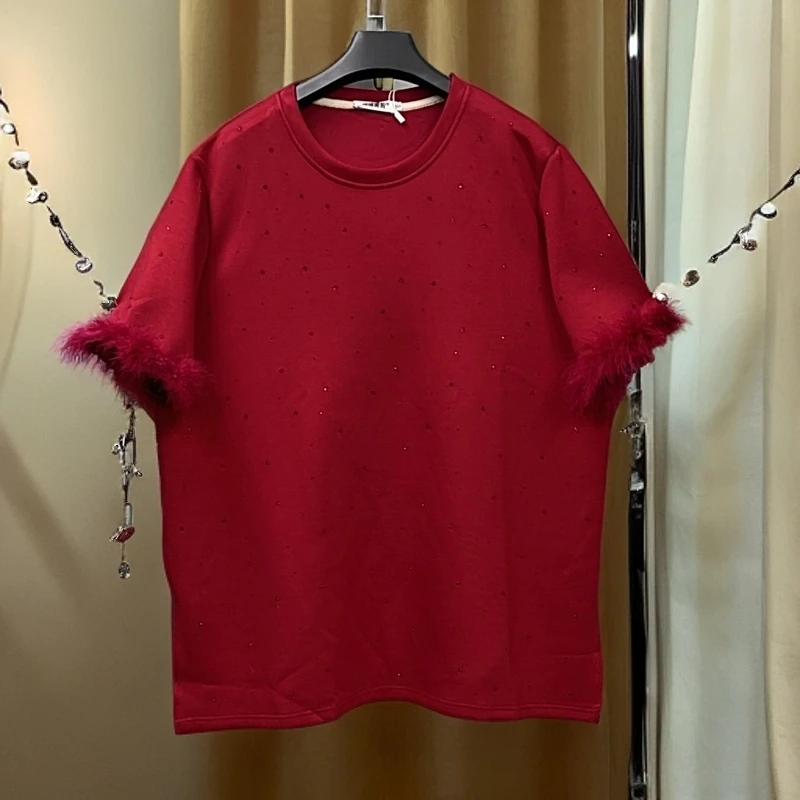 160-220斤 衣长80胸围140 高弹液态棉满天星毛毛袖洋气开衩T恤