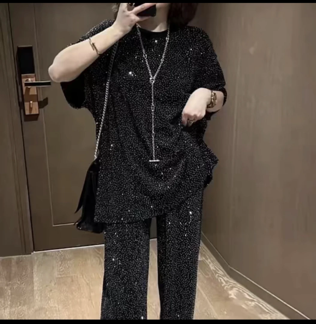 160-220斤 满钻轻奢拖地裤两件套