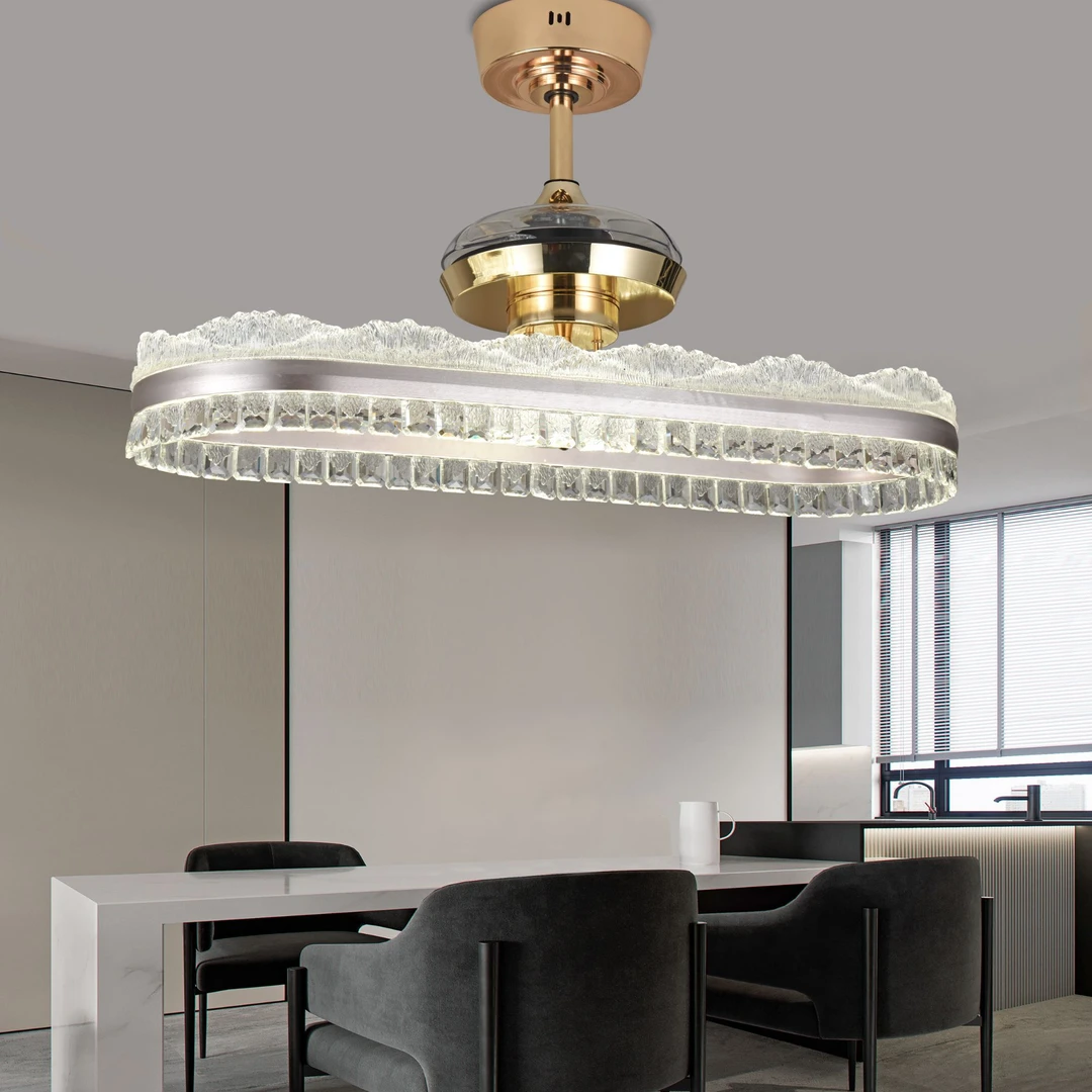 新款智能风扇灯高端餐桌长条吊灯现代水晶隐形吊扇灯