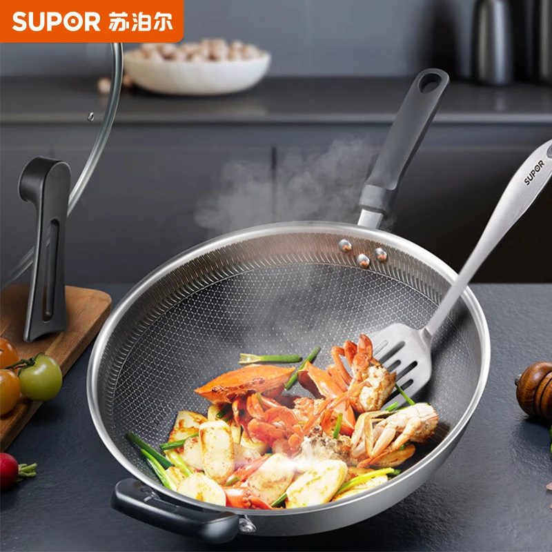 苏泊尔304不锈钢炒锅炒菜锅蜂窝不粘锅平底锅煎锅不沾电磁炉通用