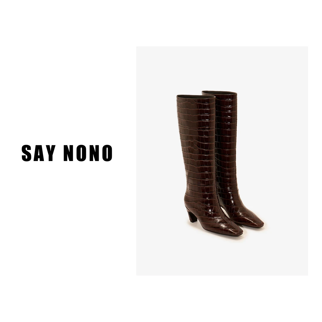 Say  nono  百搭显瘦鳄鱼纹不过膝高跟头层牛皮时装靴4.5cm