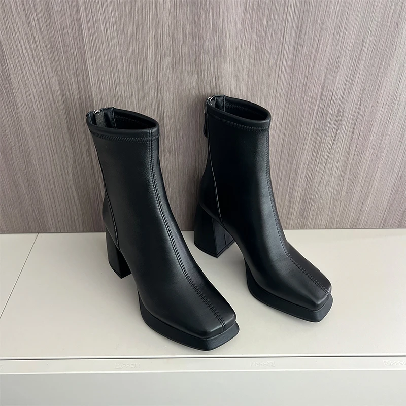 Say nono 厚底防水台百搭真皮时尚弹力短靴跟高8cm