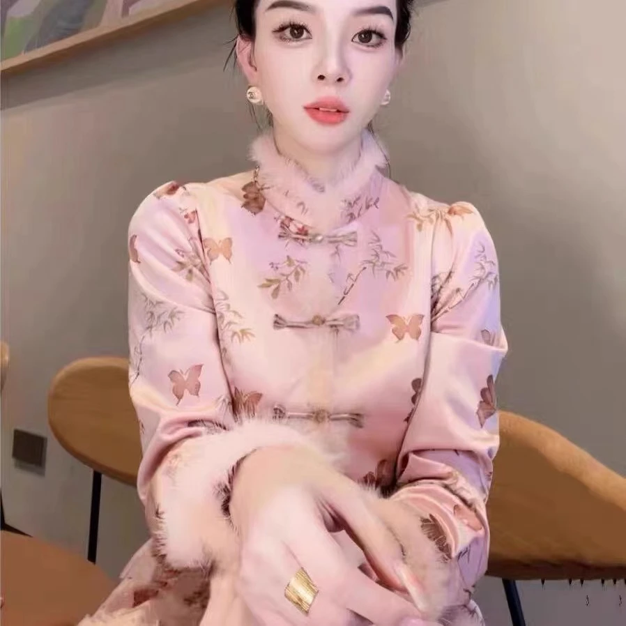 新中式复古印花盘扣外套秋冬时尚立领轻奢上衣94765-倩倩