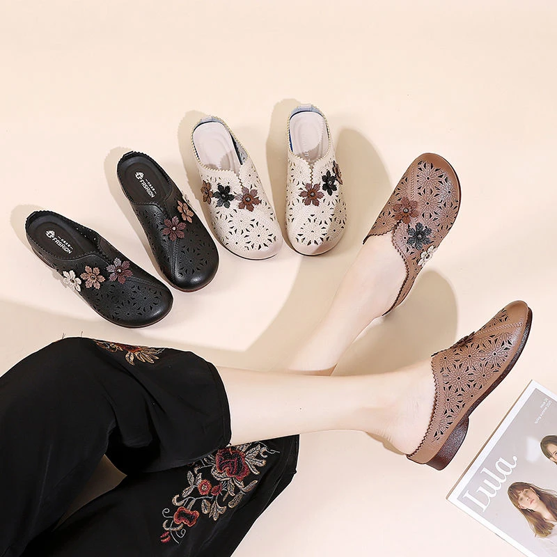 2024年新款妈妈鞋女真皮中老年春秋舒适皮鞋防滑软皮平底鞋软底鞋