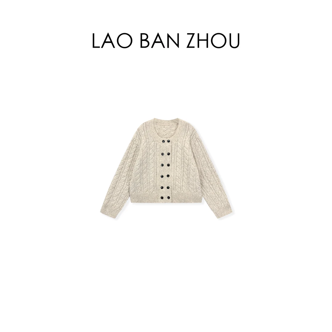【老板周】秋冬复古 冬季新款圆领双排扣麻花针织毛衣