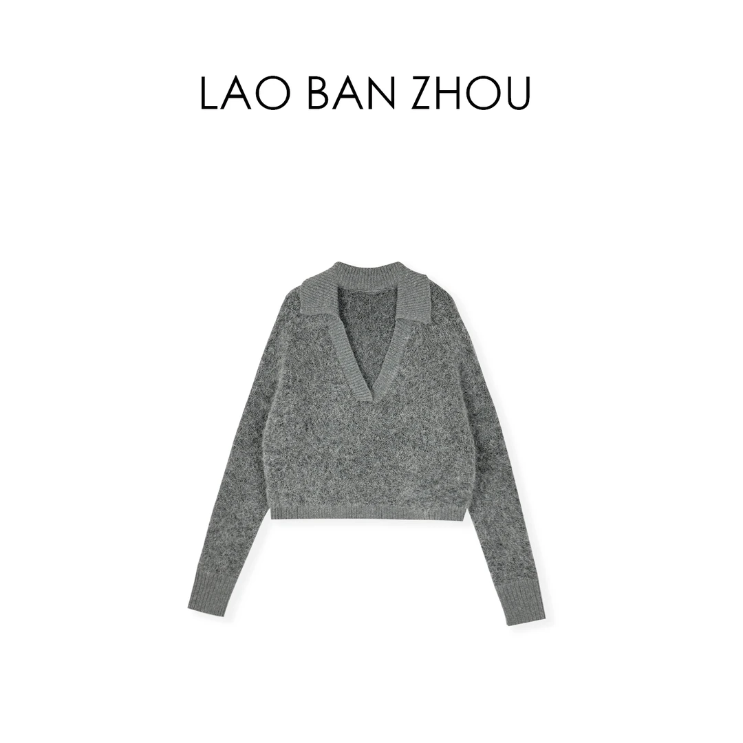 【老板周】法式休闲 慵懒风翻领短款廓形毛衣