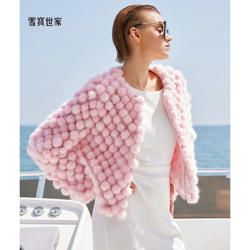 雪宝世家原创 镶钻系列 水貂皮草外套女短款时尚粉色毛球貂皮新款