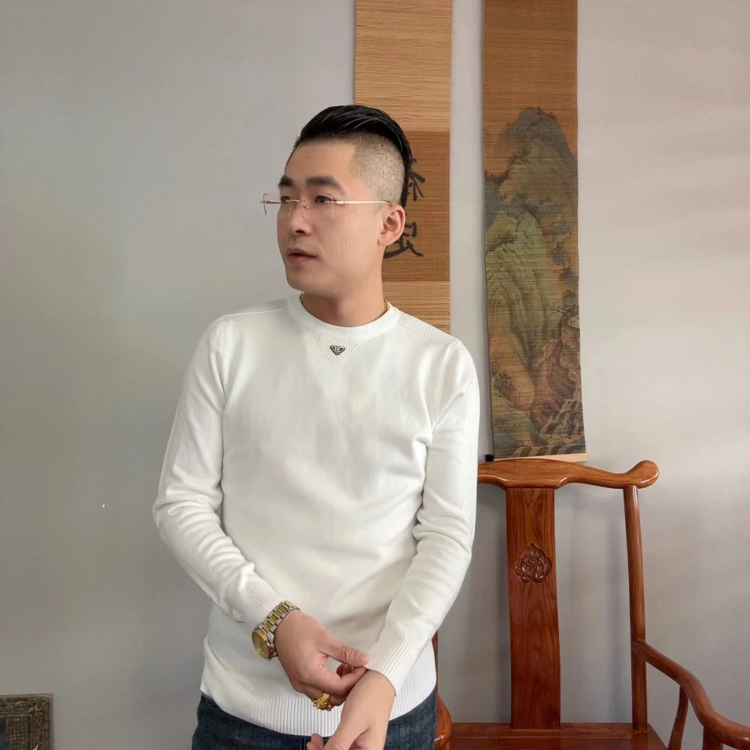 男士秋冬季简约百搭定制肩膀提花纯色圆领针织长袖-3805