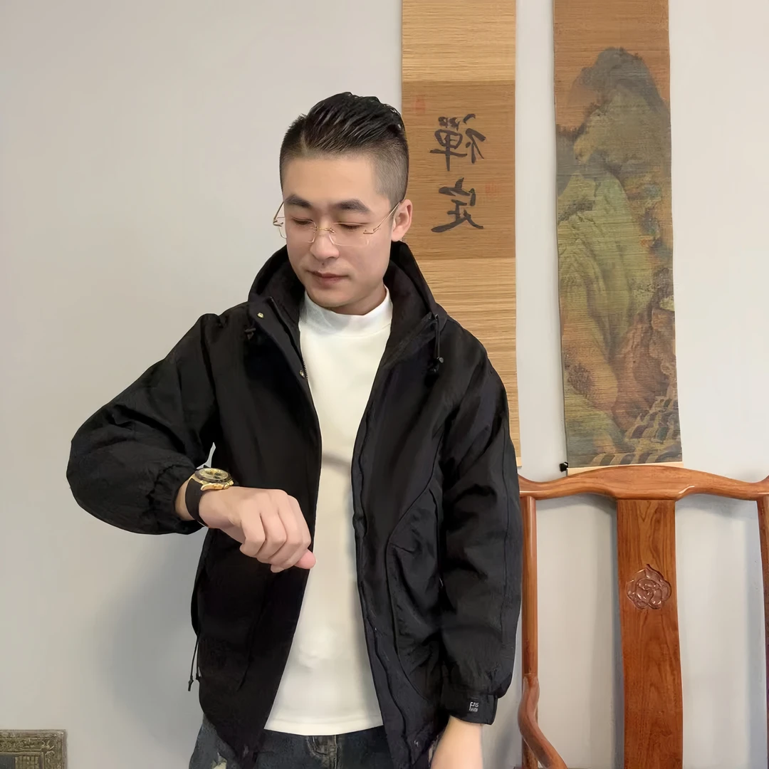 【防风】男士冬季连帽时尚休闲加棉黑色冲锋衣-152