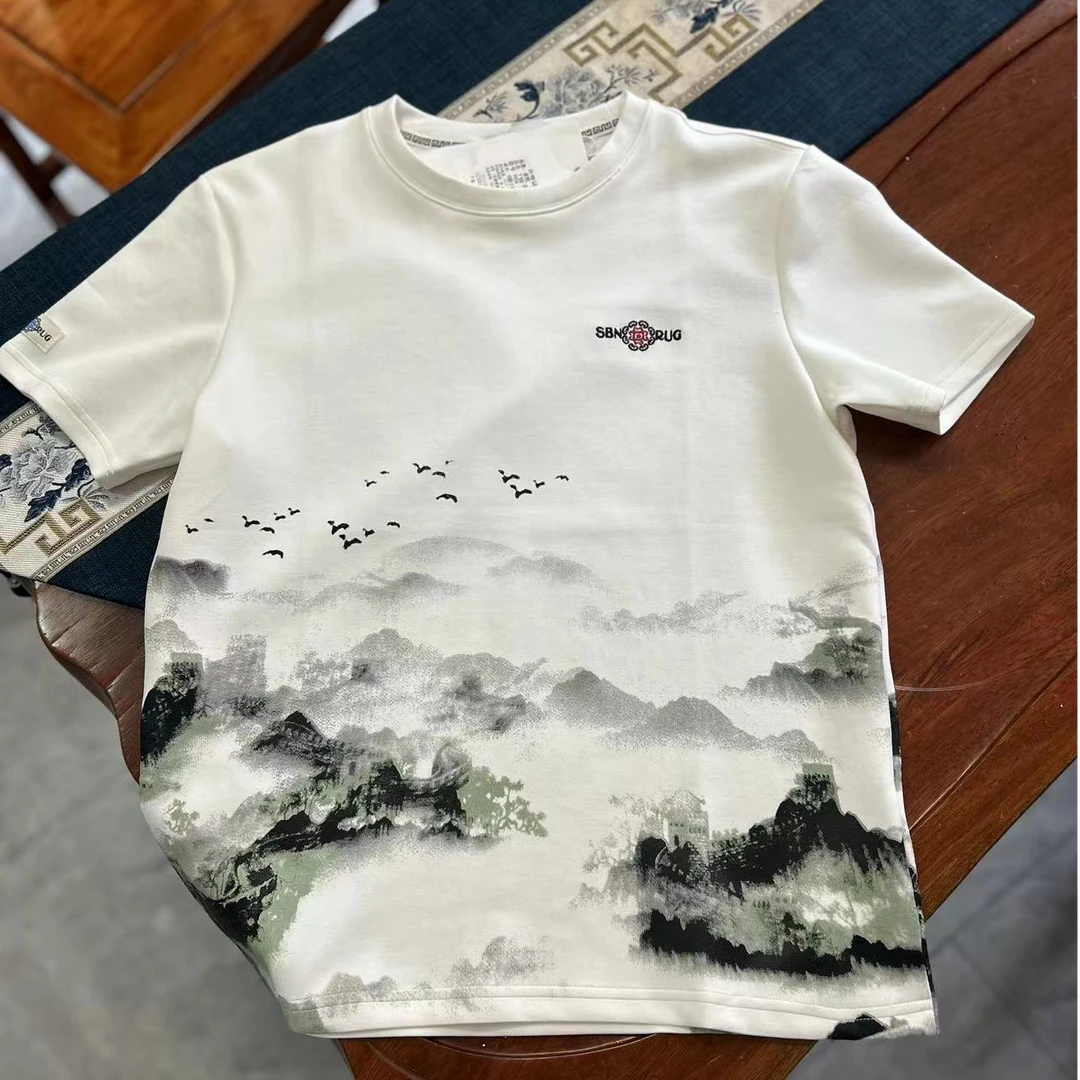 男士秋季加厚短袖【山水墨画】烫印一提半袖-9056