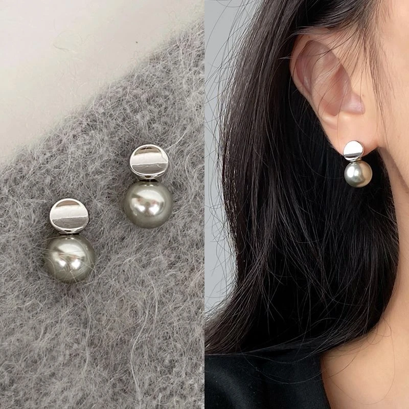 合金仿珍珠耳饰 韩系气质灰珍珠耳钉几何耳环小众高级清冷感耳饰