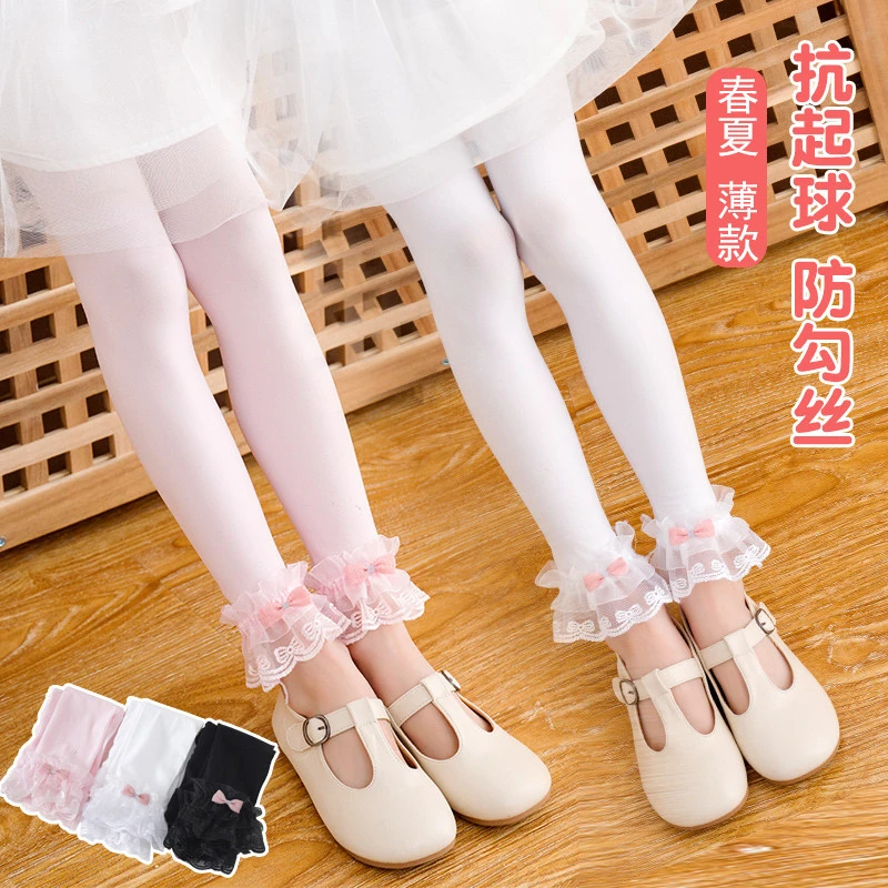 夏季儿童裤袜不连脚薄款宝宝丝袜打底裤九分花边女童白色舞蹈薄款