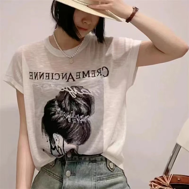 断码清货 夏季新款字母丸子头印花竹节麻上衣圆领短袖针织衫