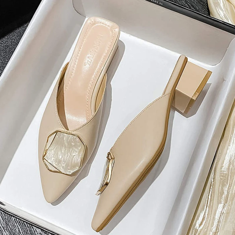 软皮法式半托单鞋2025新款尖头包头半拖鞋女夏外穿晚晚穆勒鞋凉拖