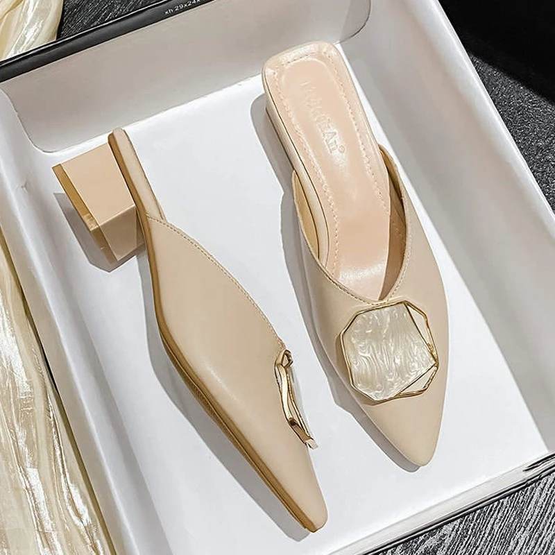 2025新款真皮法式半托单鞋尖头包头半拖鞋女夏外穿懒人穆勒鞋凉拖