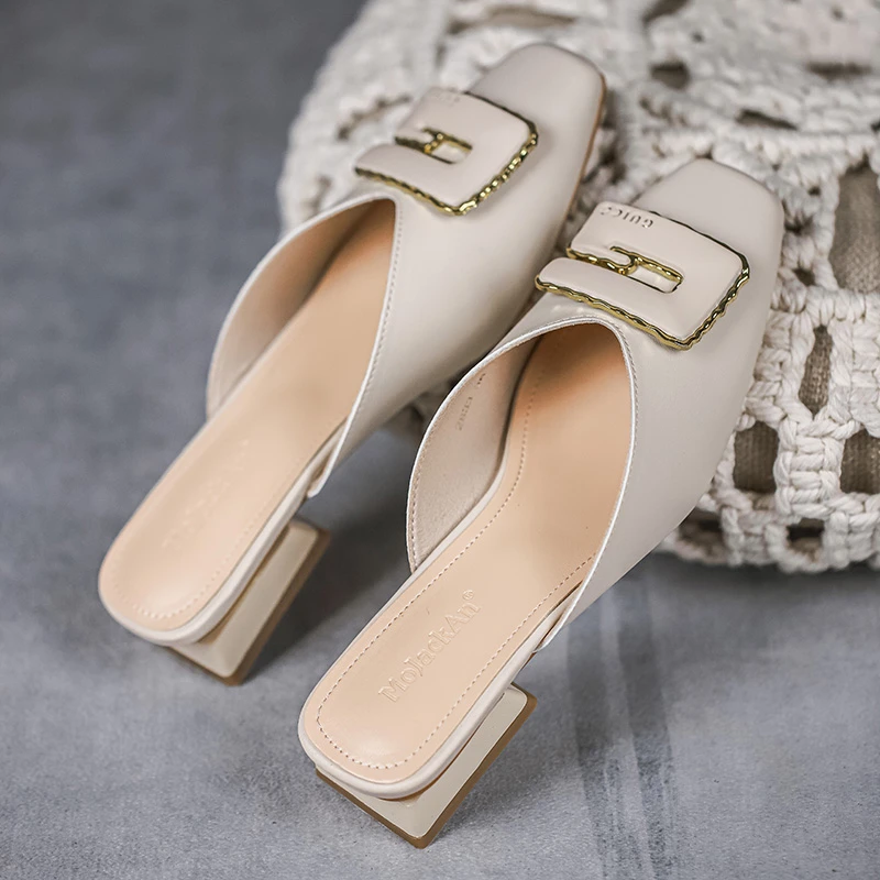 软皮法式包头半拖鞋女夏外穿凉拖鞋2025年新款网红百搭粗跟穆勒鞋