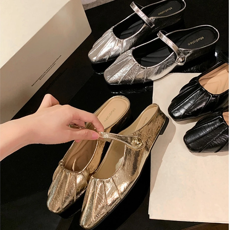 2025百搭年百搭气质小方头褶皱一字带浅口玛丽珍平底半拖鞋夏季