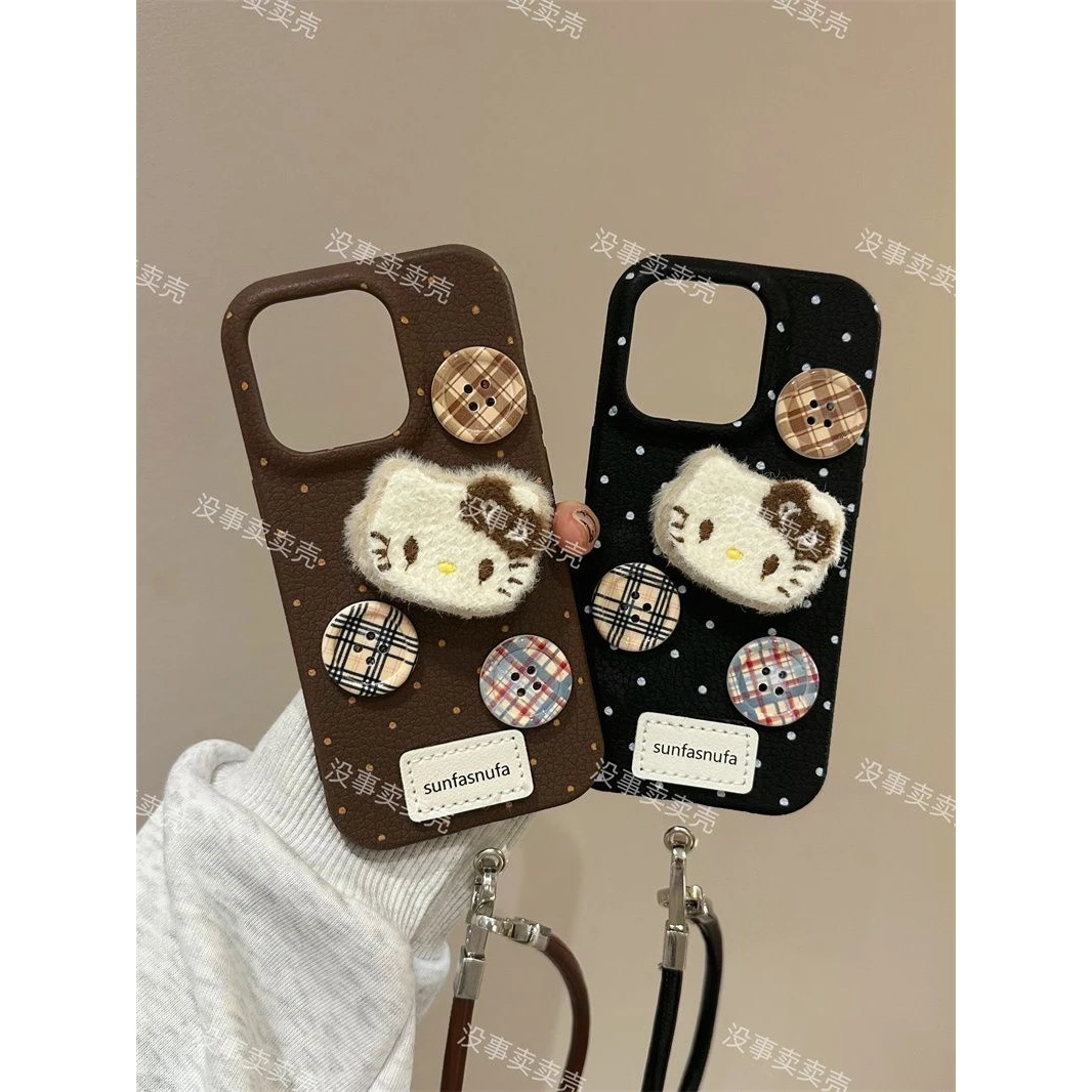 ins日韩可爱毛绒KT猫适用iPhone16promax手机壳15新款14/13/12/11