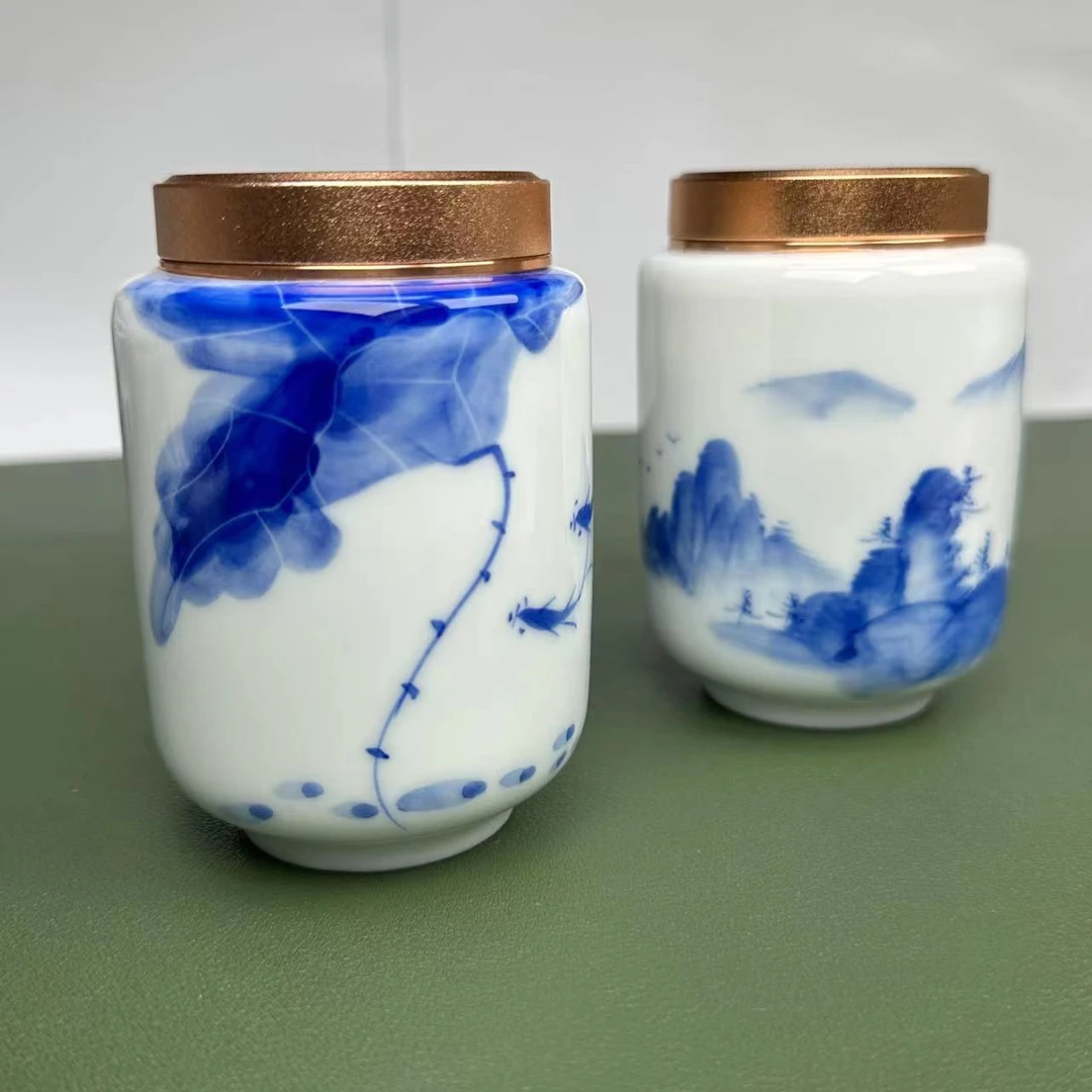 荷花 山水 小茶叶罐 手绘