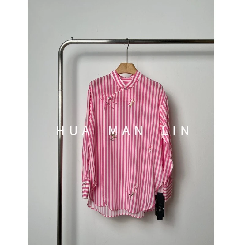 【花滿林】小立领斜门襟盘扣竖条纹刺绣双绉真丝桑蚕丝上衣8051