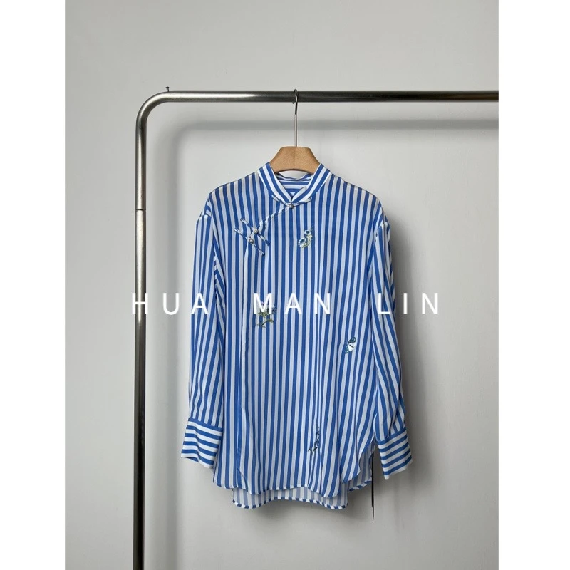 【花滿林】小立领斜门襟盘扣竖条纹刺绣双绉真丝桑蚕丝上衣8051