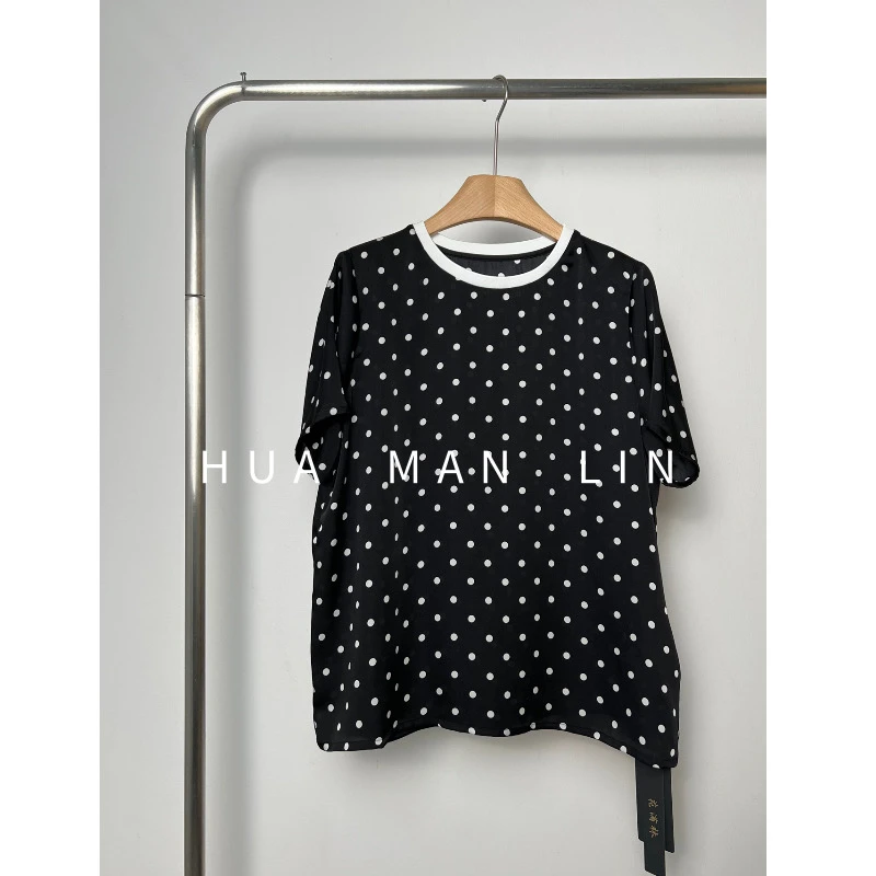 【花满林】撞色圆领波点印花26MM双乔真丝桑蚕丝上衣8326