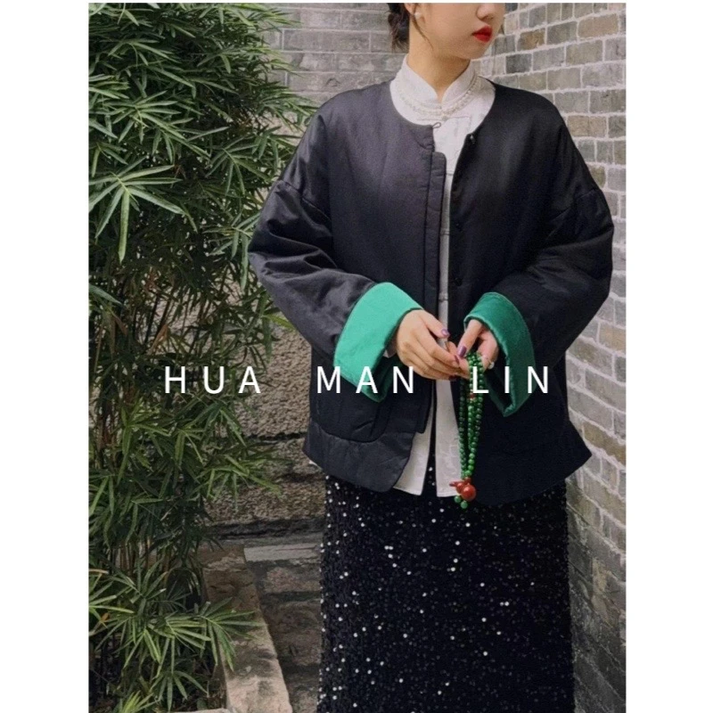 【花滿林】真丝桑蚕丝丝棉圆领落肩大口袋绿卷袖加厚外套7330